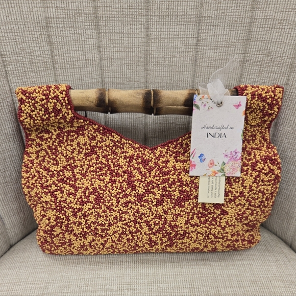 Embellished Beaded Cheetah Handbag with Bamboo Handle